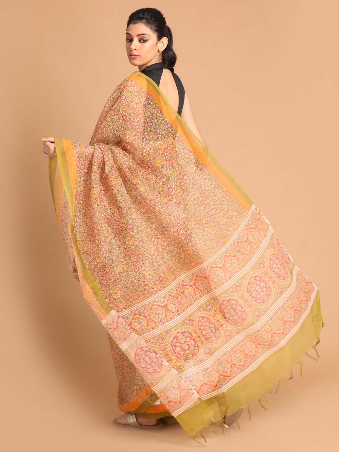 Indethnic Printed Super Net Saree in Olive - View 3