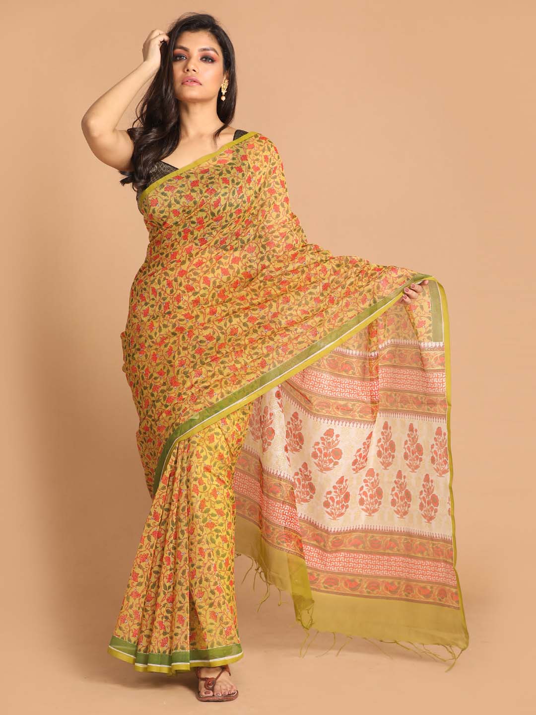 Indethnic Printed Super Net Saree in Olive - View 1