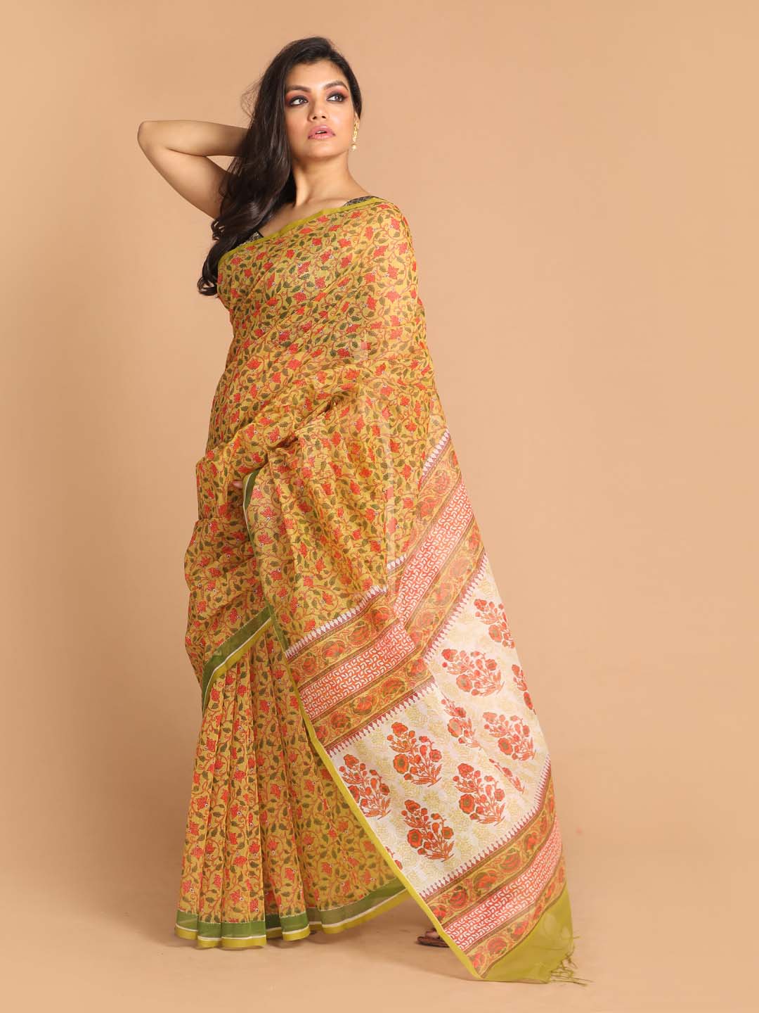 Indethnic Printed Super Net Saree in Olive - View 3