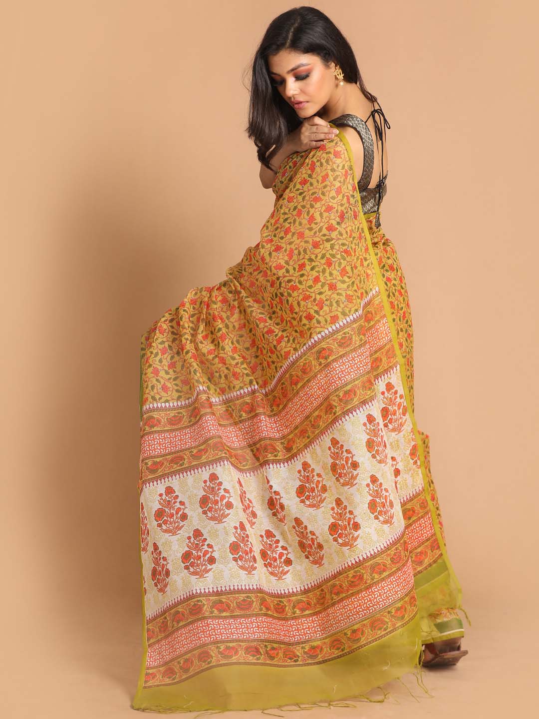 Indethnic Printed Super Net Saree in Olive - View 2