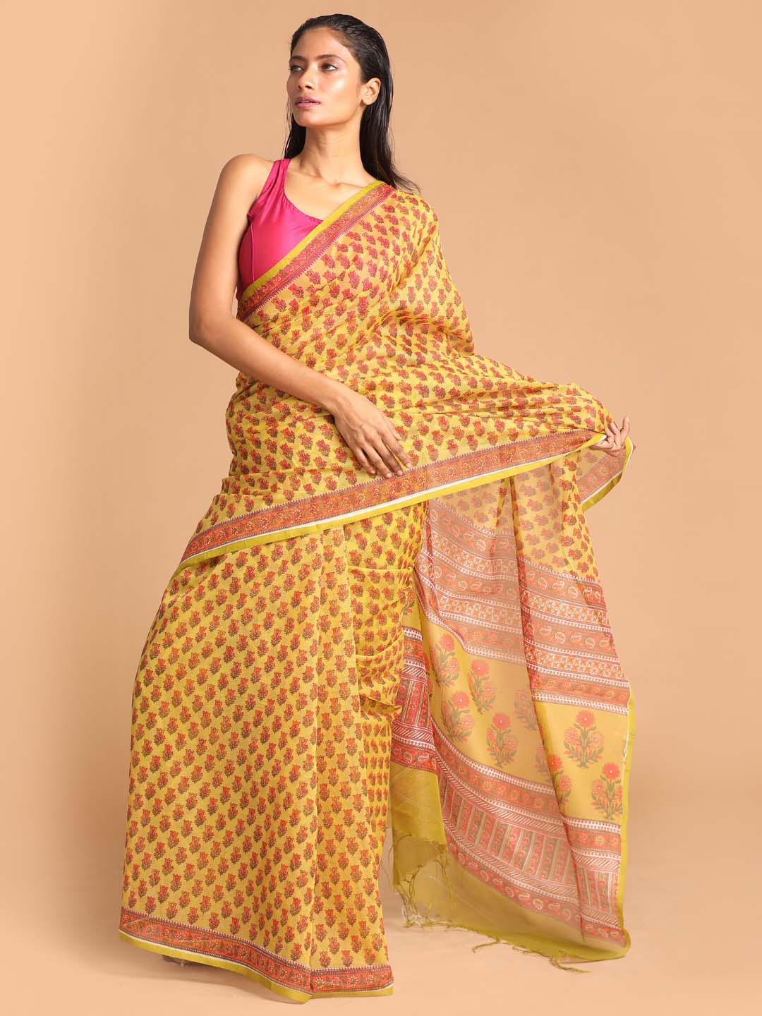 Indethnic Printed Super Net Saree in Olive - View 1