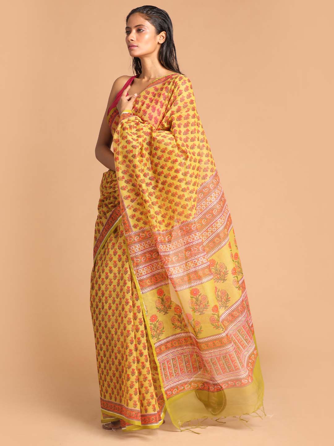 Indethnic Printed Super Net Saree in Olive - View 2