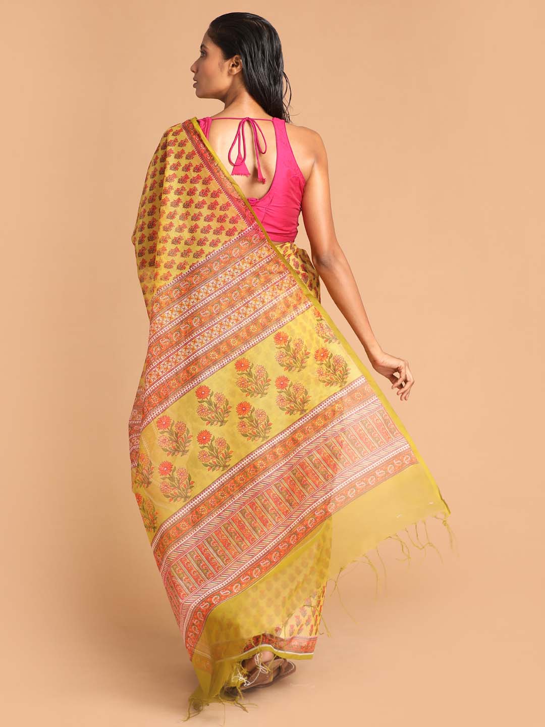 Indethnic Printed Super Net Saree in Olive - View 3