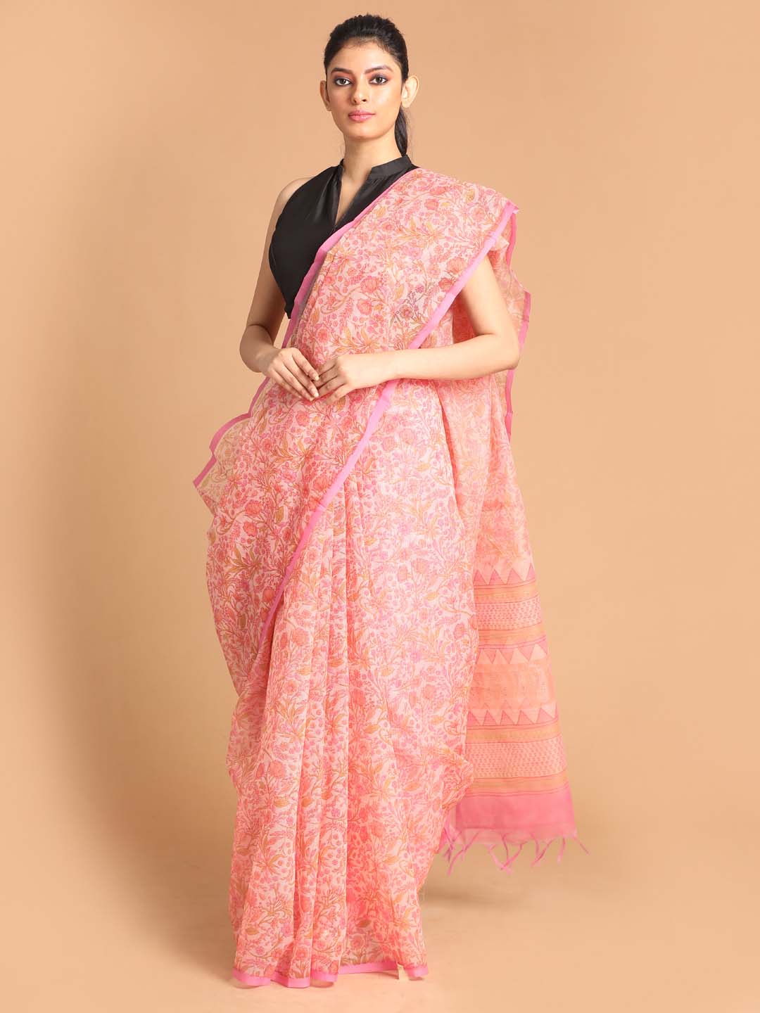 Indethnic Printed Super Net Saree in Peach - View 1