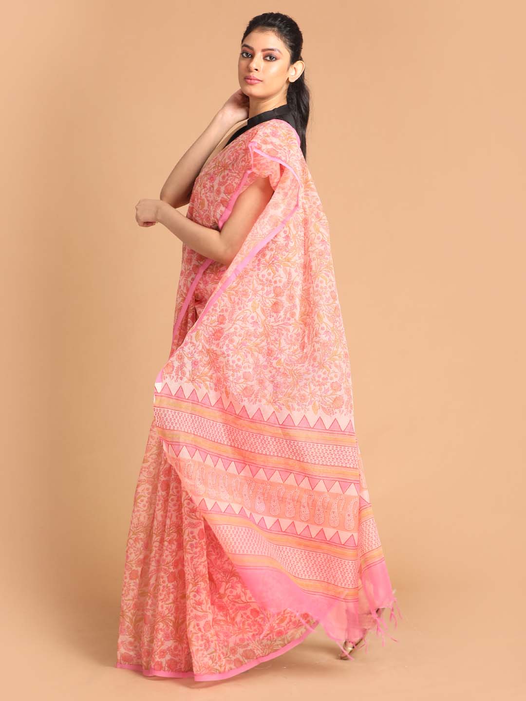 Indethnic Printed Super Net Saree in Peach - View 2