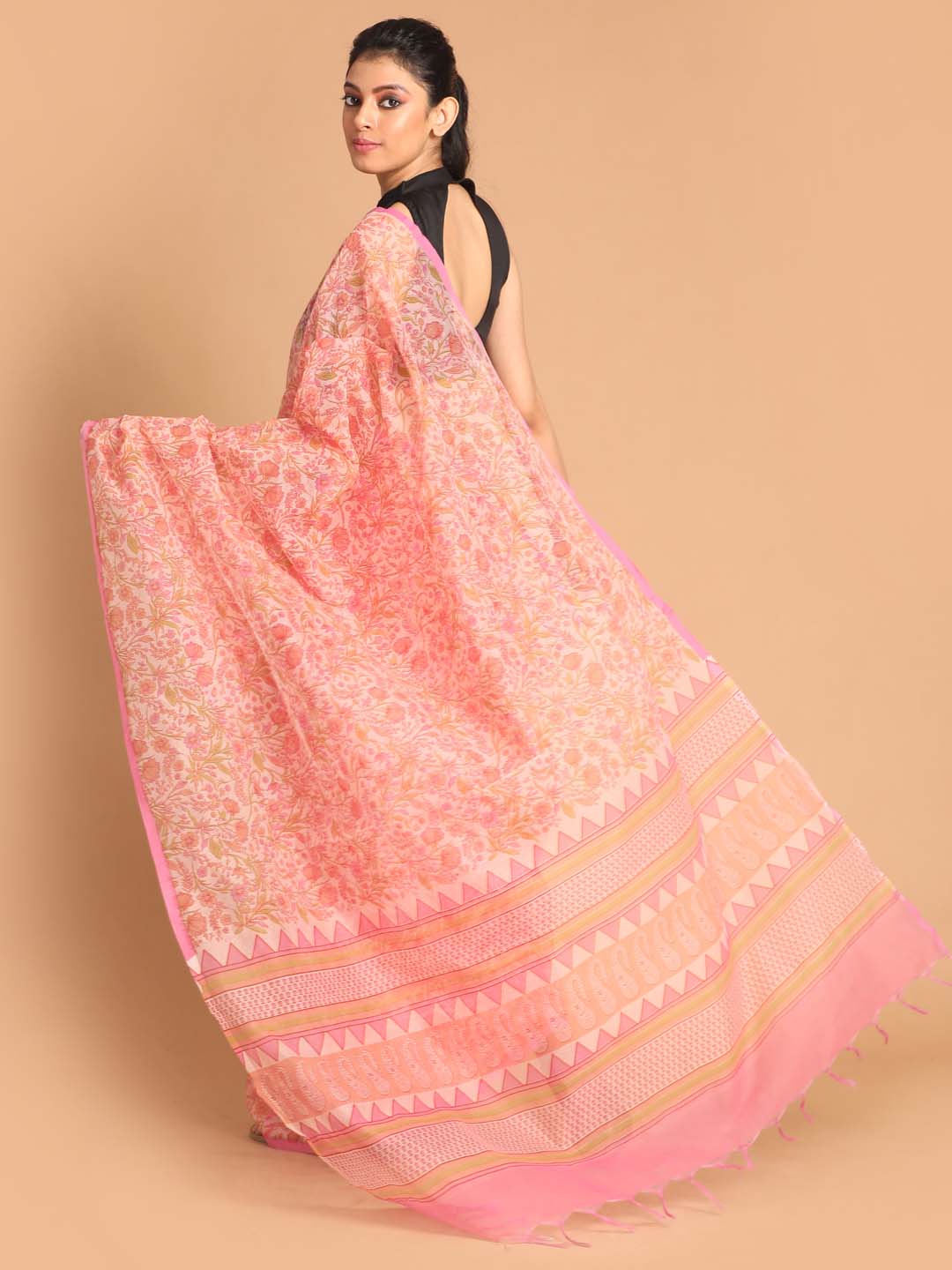 Indethnic Printed Super Net Saree in Peach - View 3