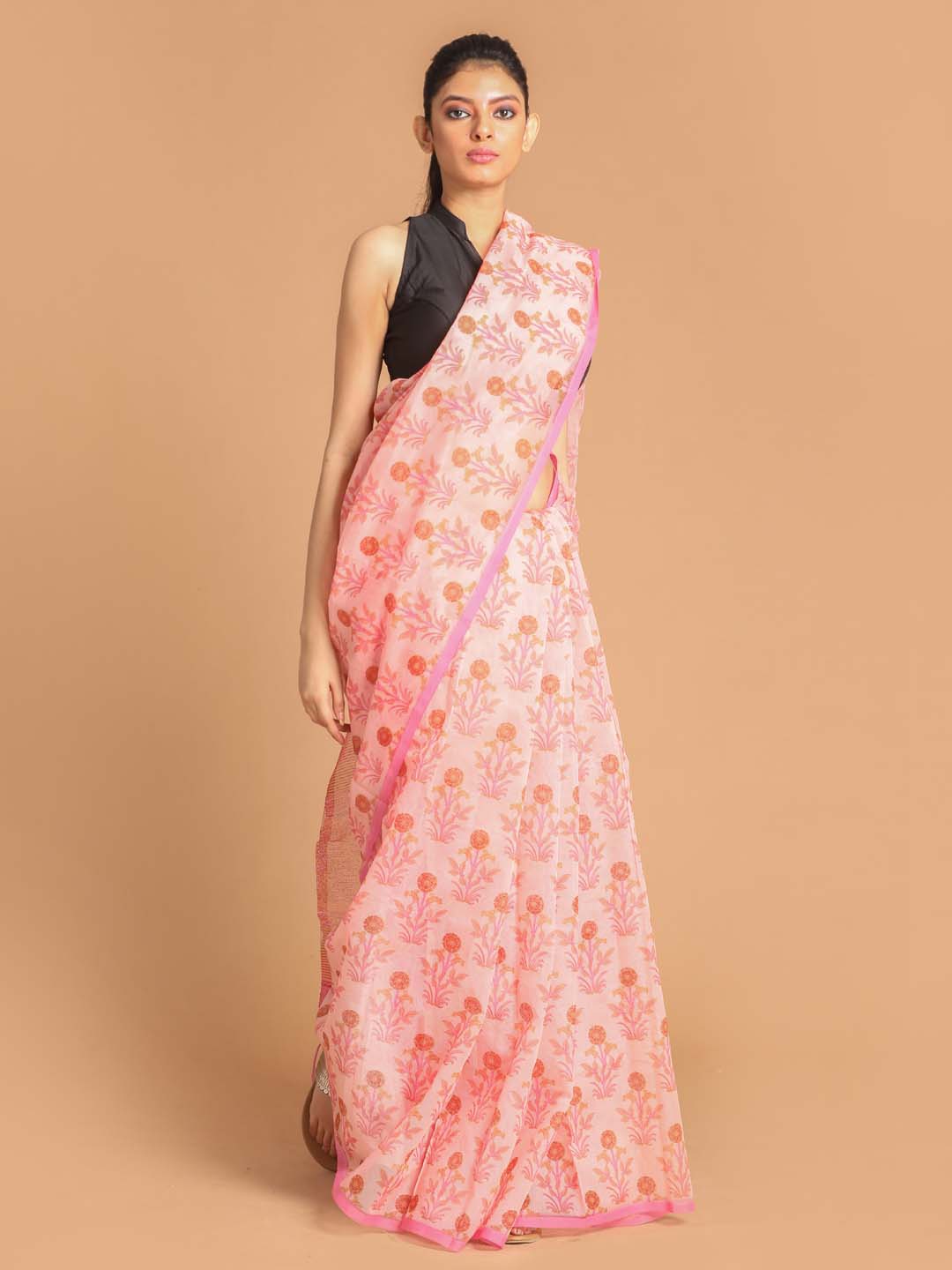 Indethnic Printed Super Net Saree in Peach - View 1