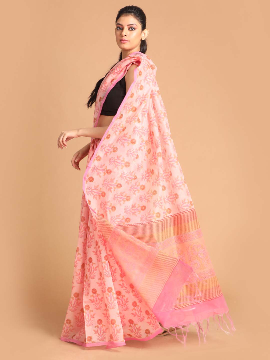 Indethnic Printed Super Net Saree in Peach - View 2