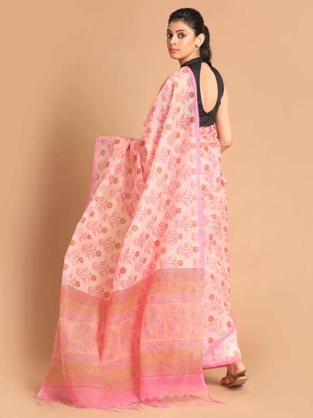 Indethnic Printed Super Net Saree in Peach - View 3