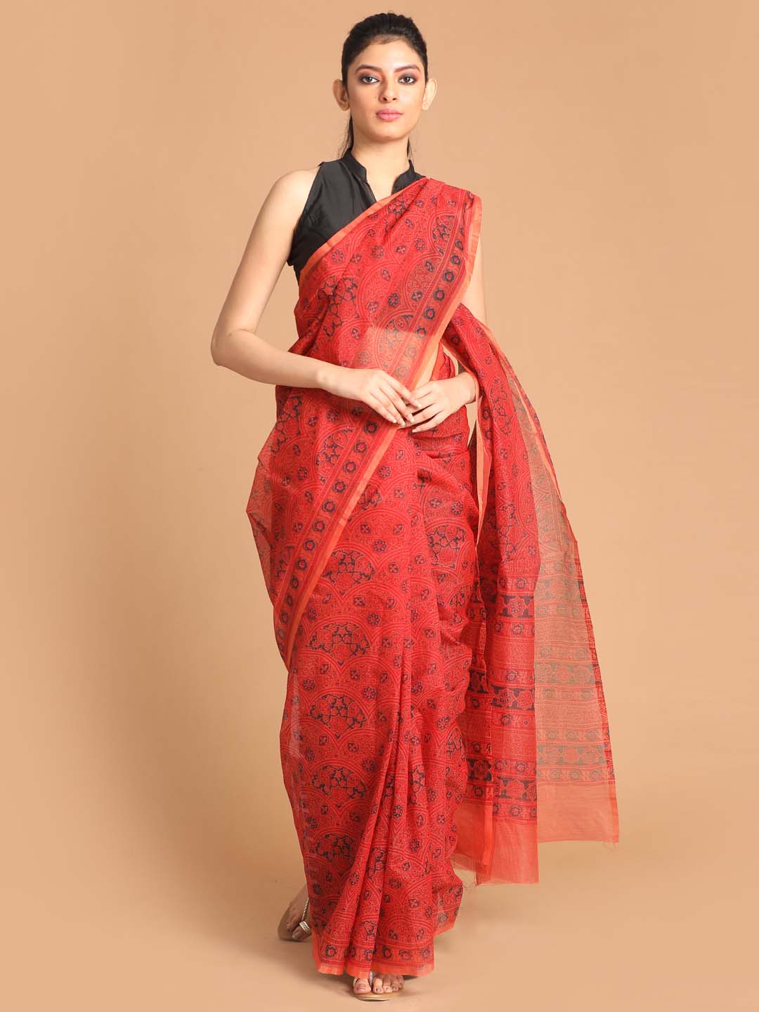 Indethnic Printed Super Net Saree in Rust - View 1