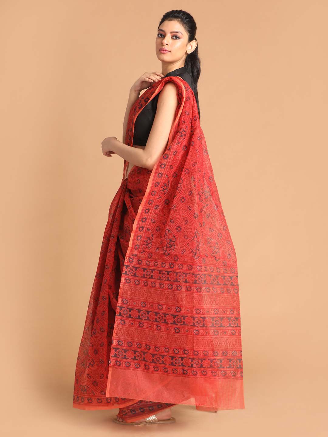 Indethnic Printed Super Net Saree in Rust - View 3