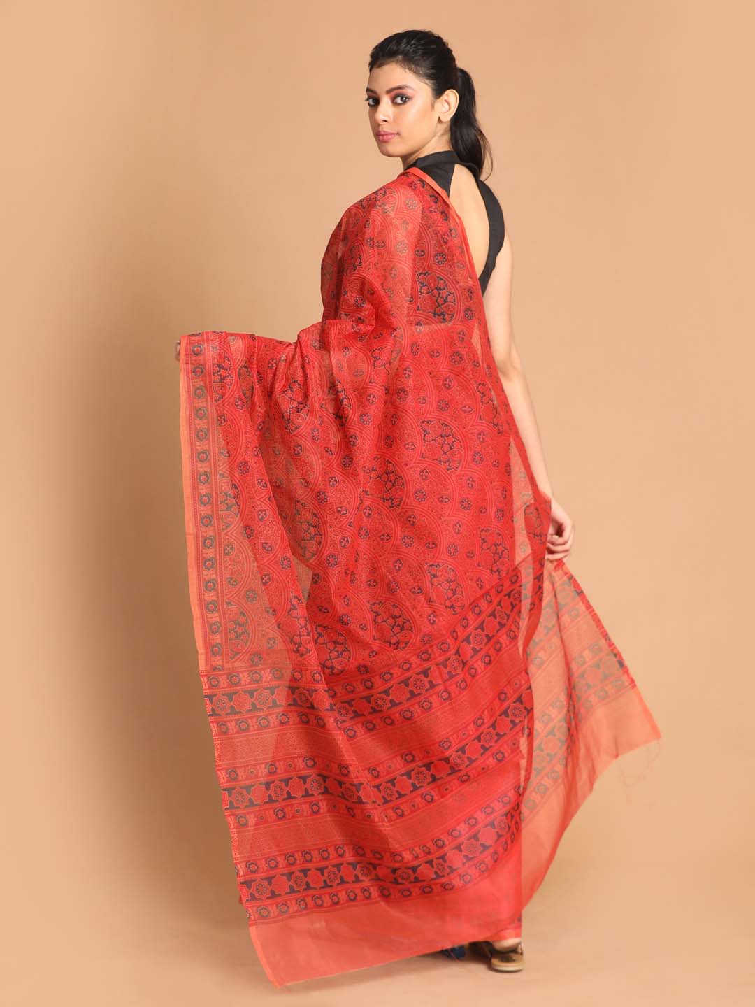 Indethnic Printed Super Net Saree in Rust - View 2