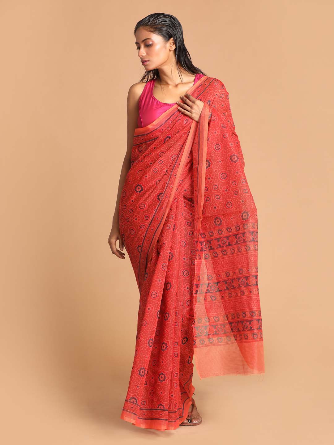 Indethnic Printed Super Net Saree in Rust - View 1