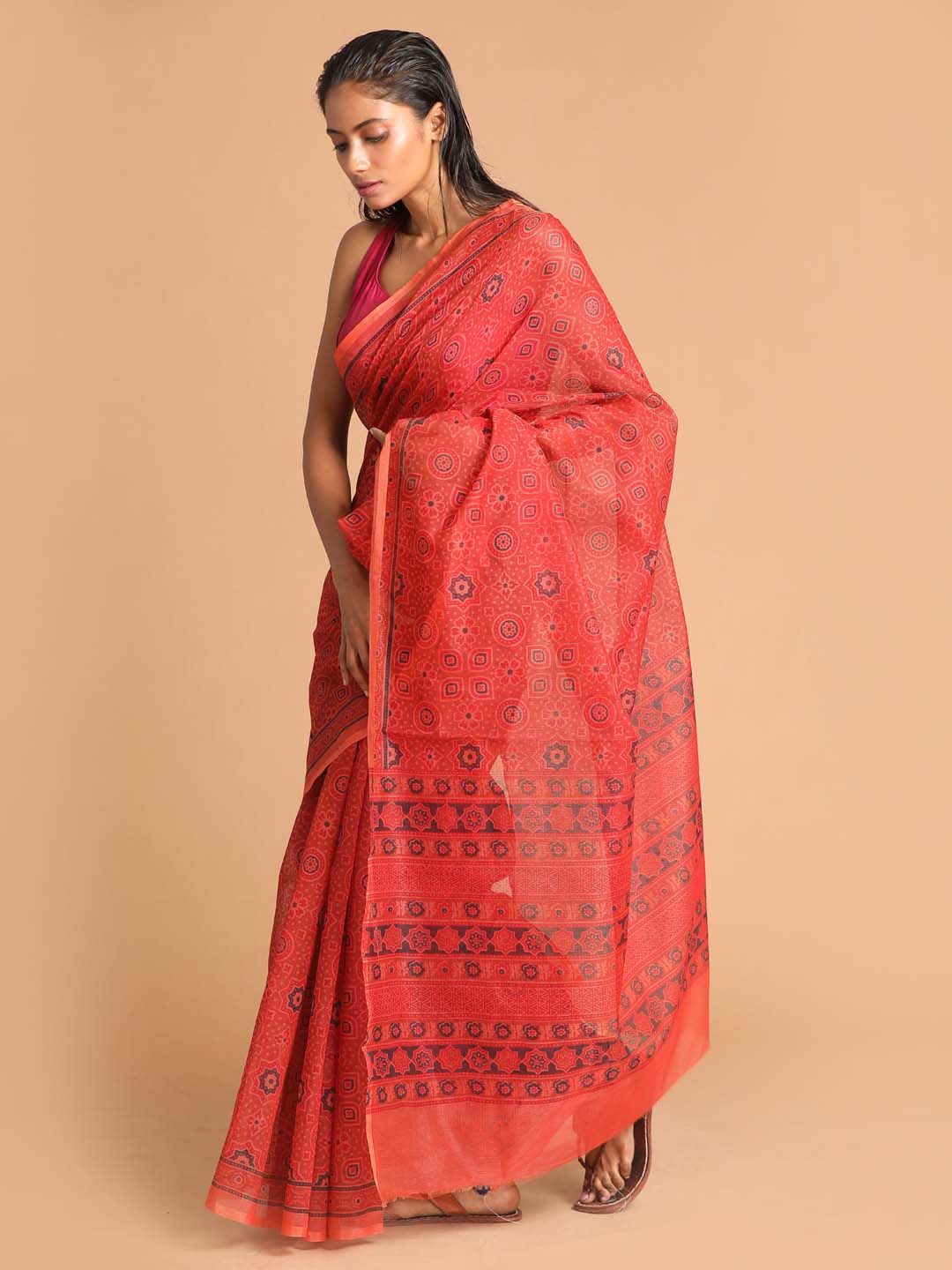 Indethnic Printed Super Net Saree in Rust - View 2