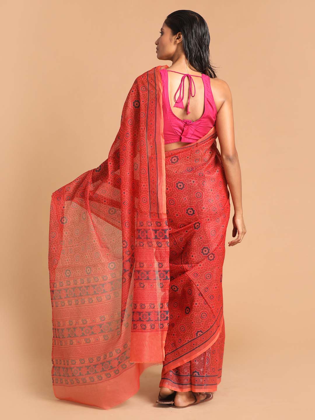 Indethnic Printed Super Net Saree in Rust - View 3