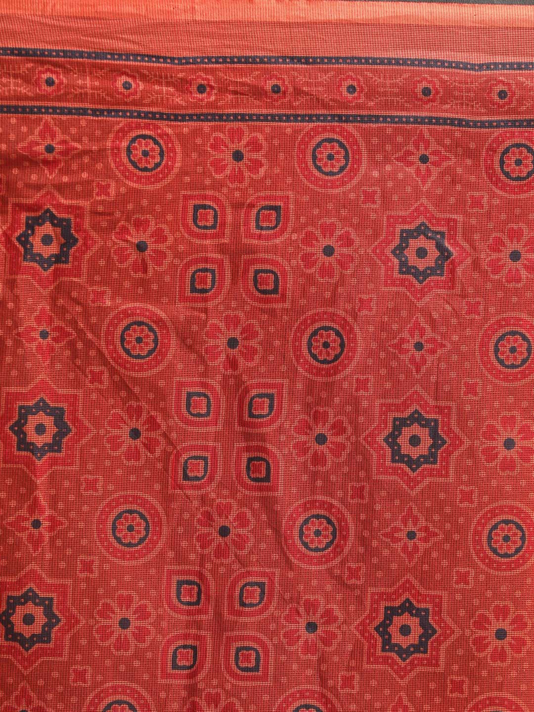 Indethnic Printed Super Net Saree in Rust - Saree Detail View