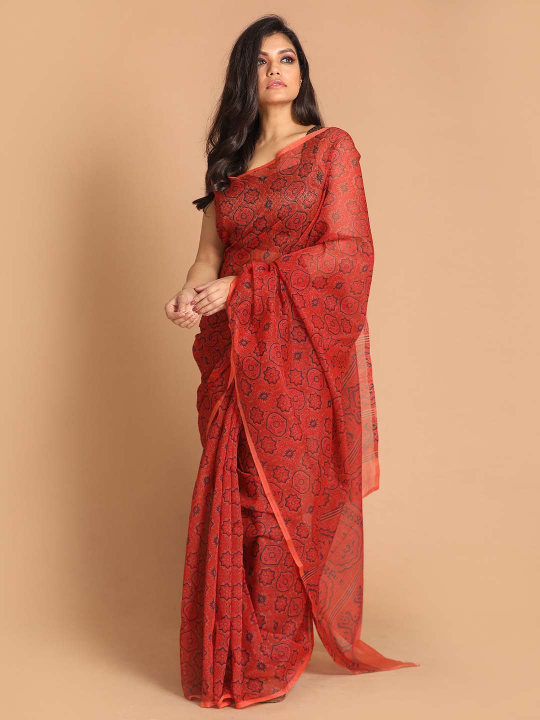 Indethnic Printed Cotton Blend Saree in Rust - View 1