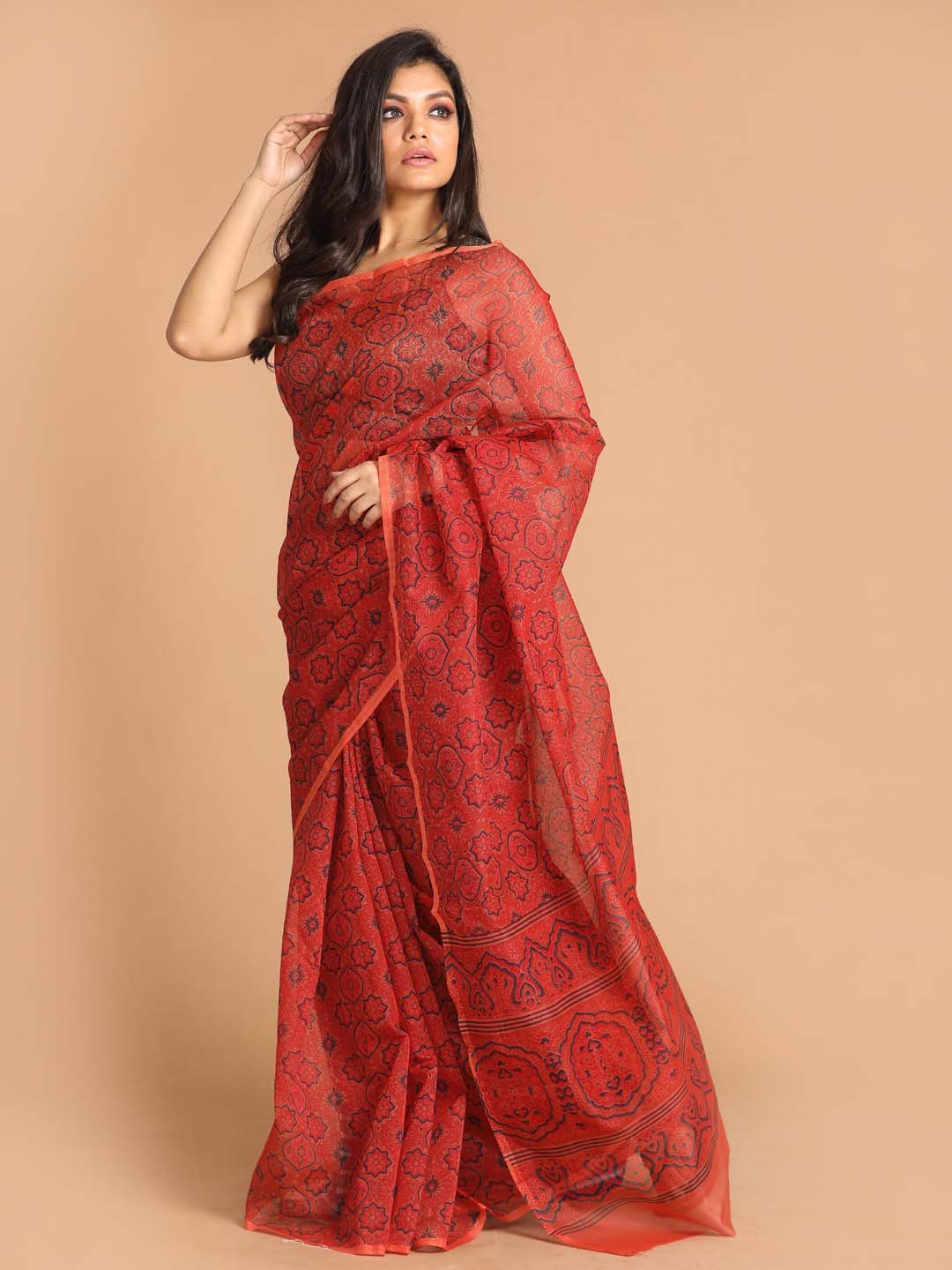 Indethnic Printed Cotton Blend Saree in Rust - View 2