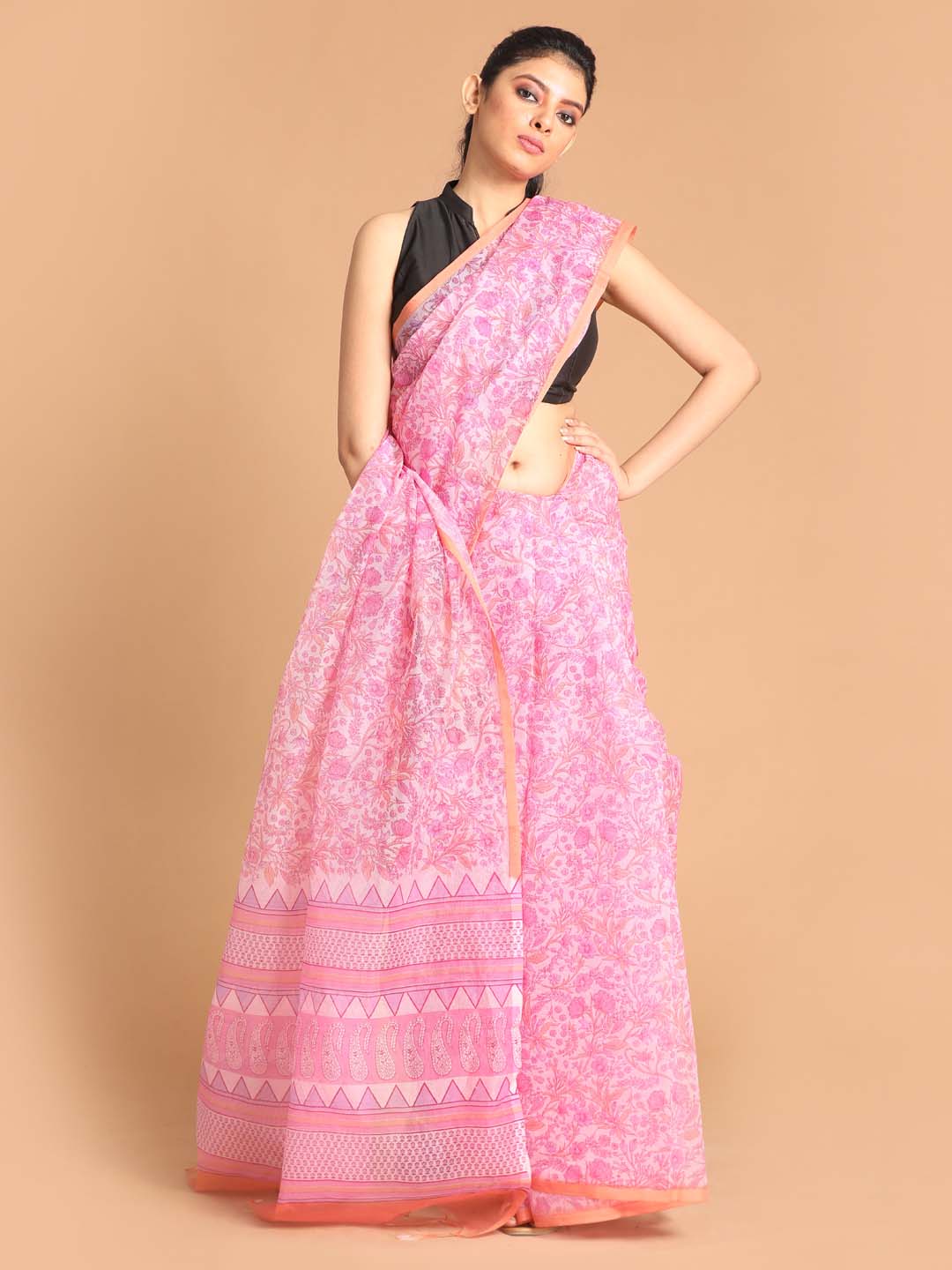 Indethnic Printed Super Net Saree in Pink - View 1