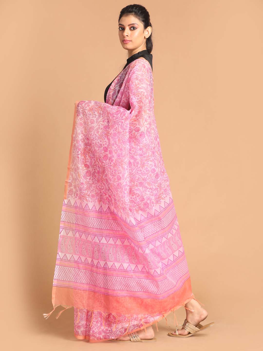 Indethnic Printed Super Net Saree in Pink - View 2