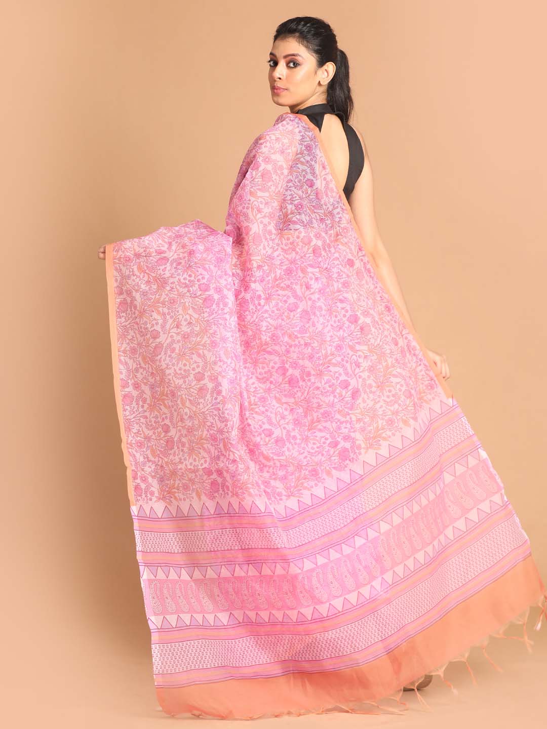 Indethnic Printed Super Net Saree in Pink - View 3