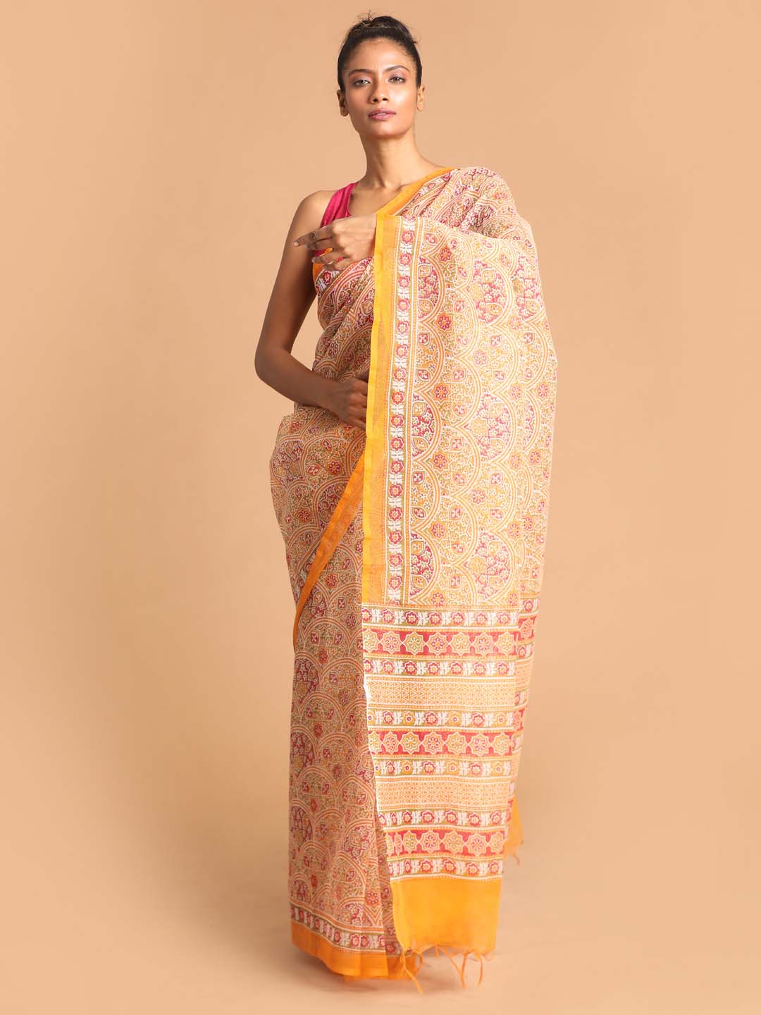 Indethnic Printed Super Net Saree in Yellow - View 2