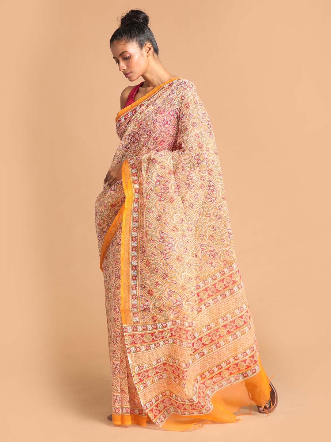 Indethnic Printed Super Net Saree in Yellow - View 1