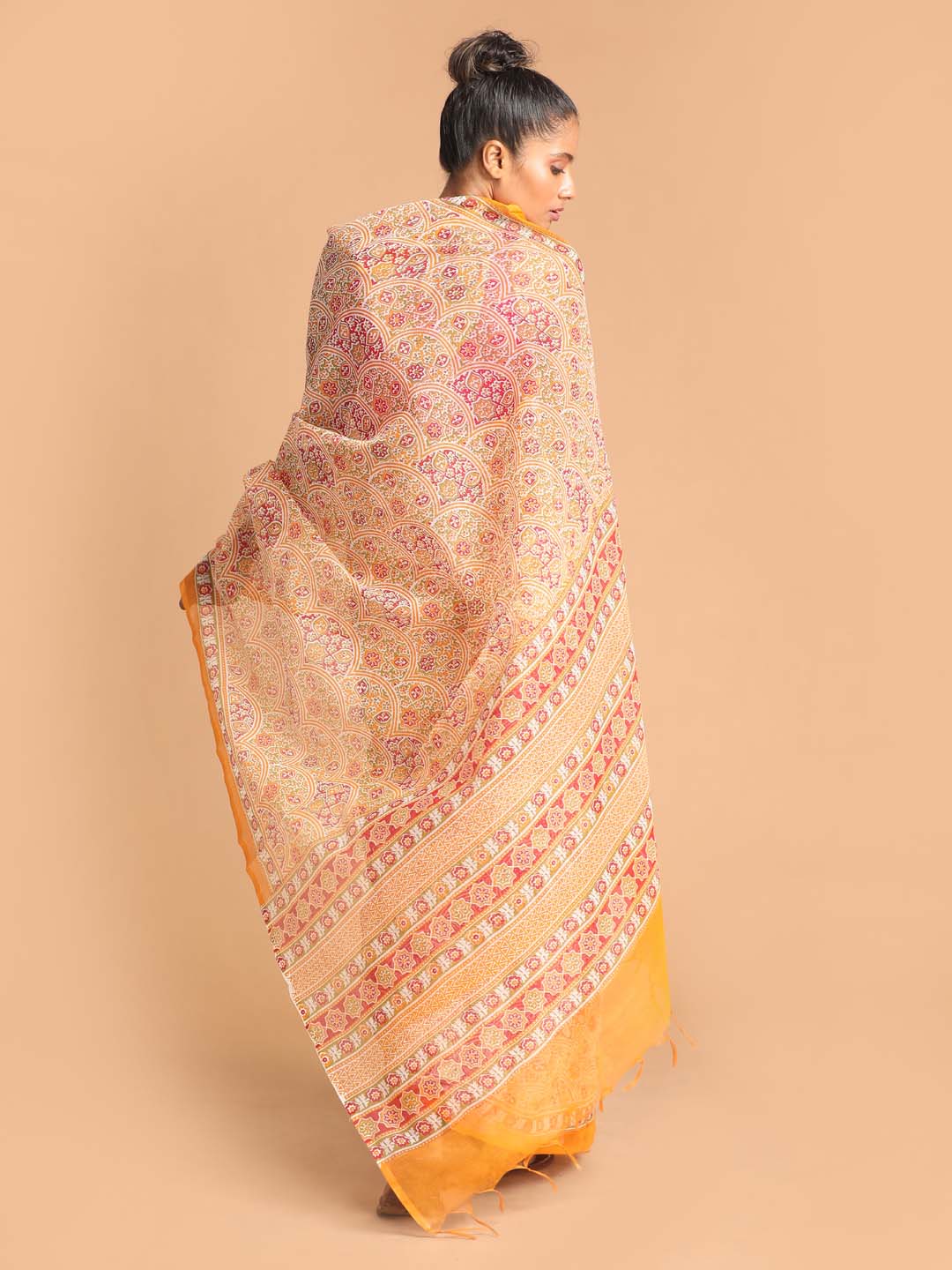 Indethnic Printed Super Net Saree in Yellow - View 3