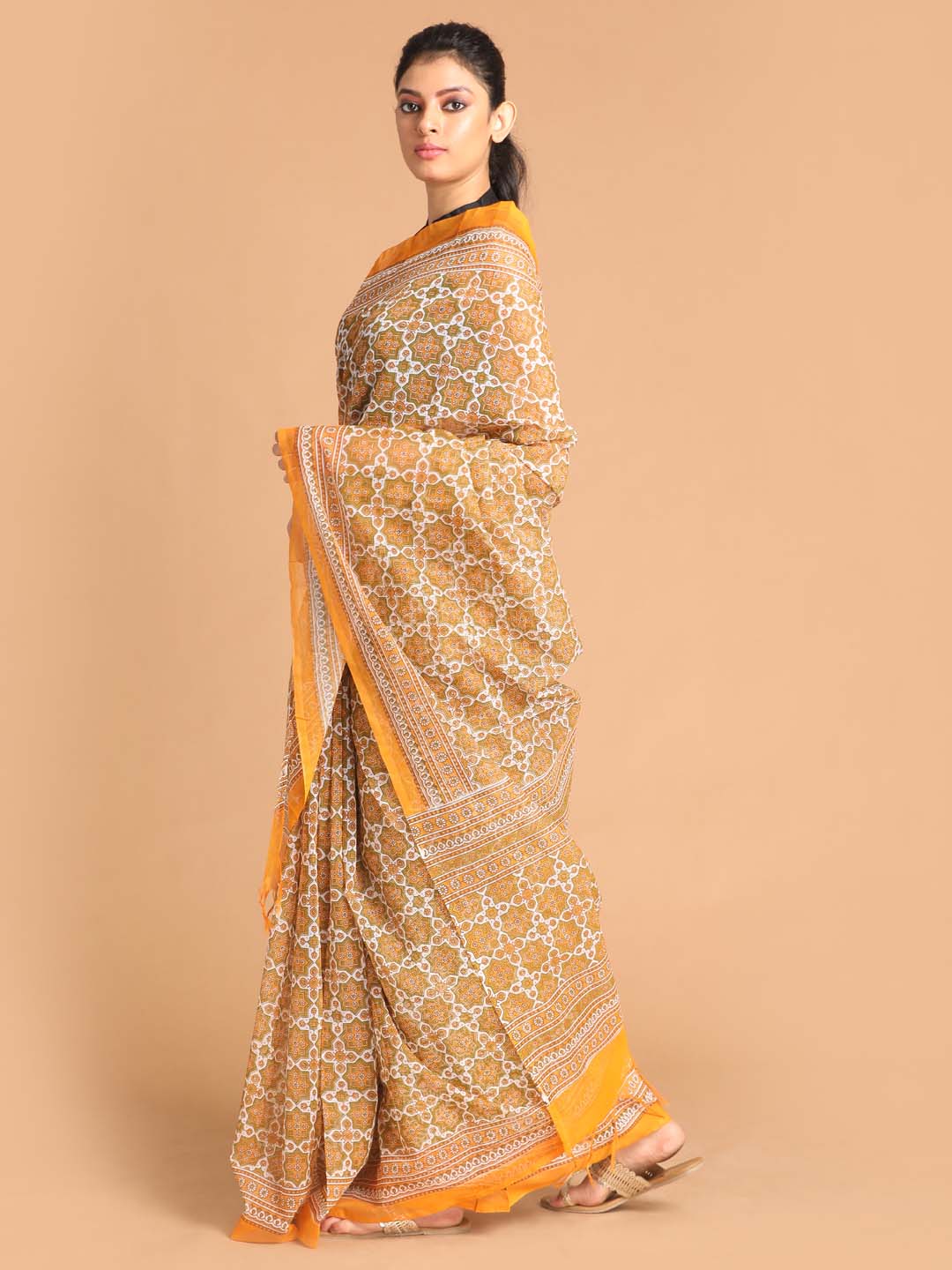 Indethnic Printed Super Net Saree in Yellow - View 2