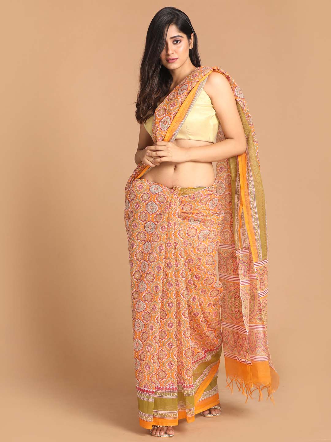 Indethnic Printed Super Net Saree in Yellow - View 1