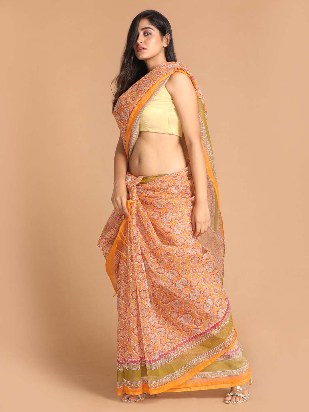 Indethnic Printed Super Net Saree in Yellow - View 2