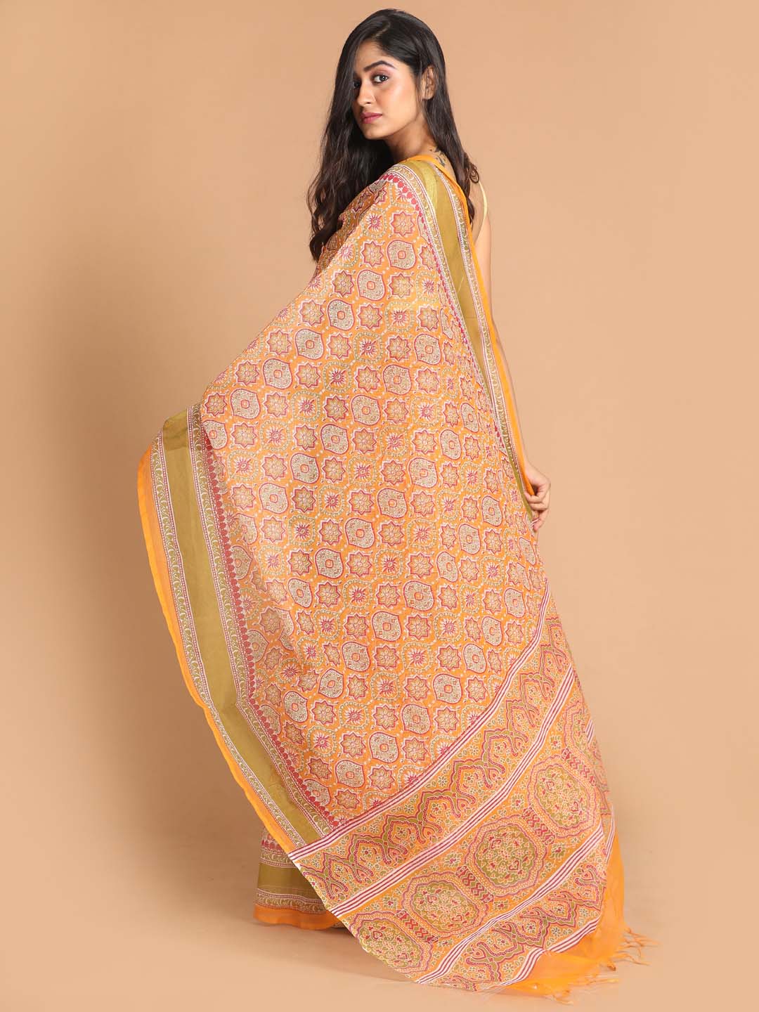 Indethnic Printed Super Net Saree in Yellow - View 3