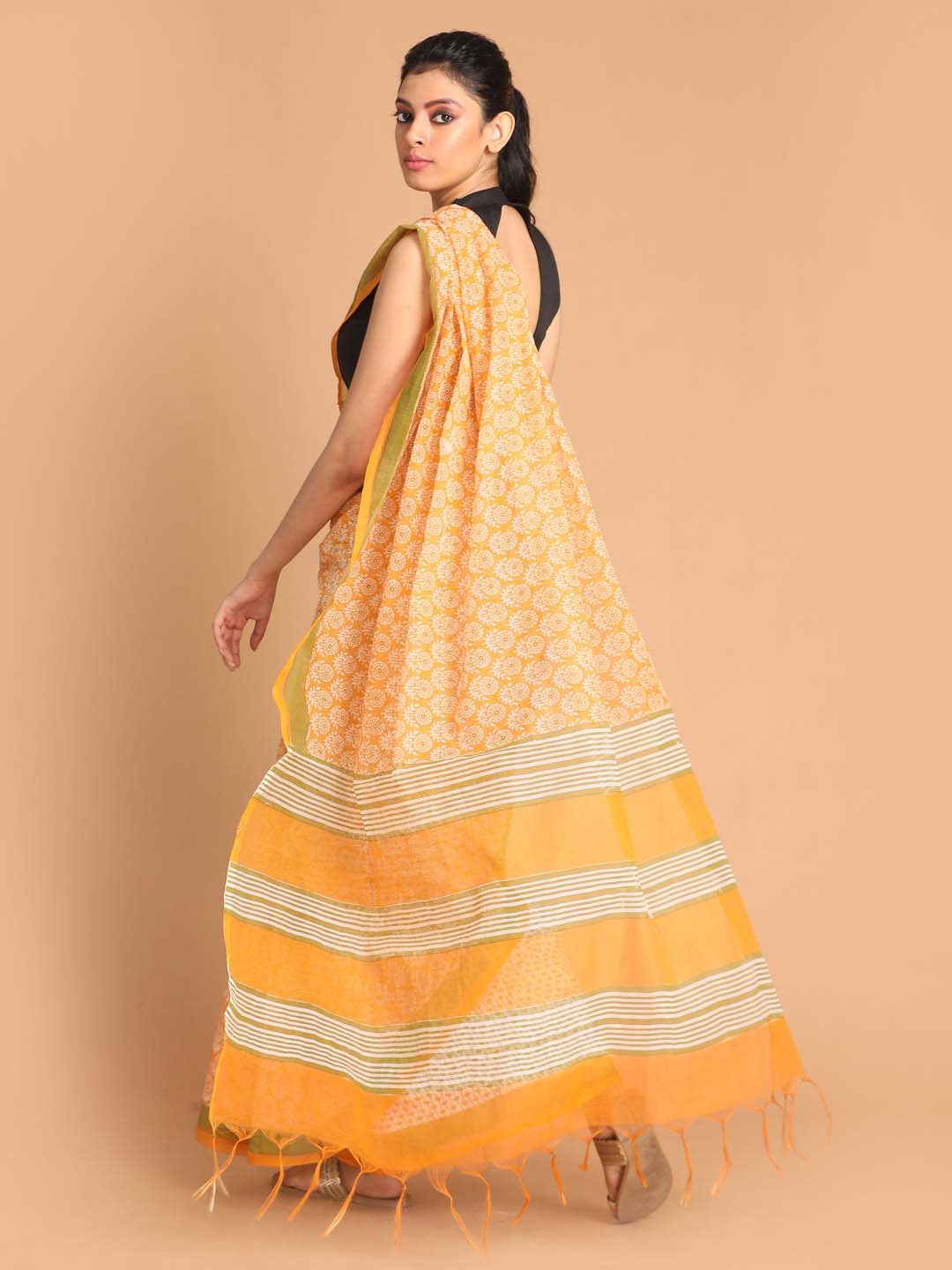 Indethnic Printed Super Net Saree in Yellow - View 3