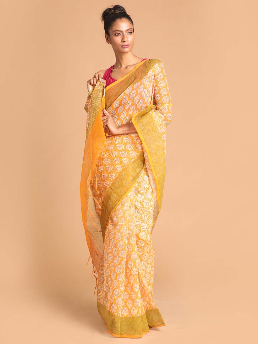 Indethnic Printed Super Net Saree in Yellow - View 1