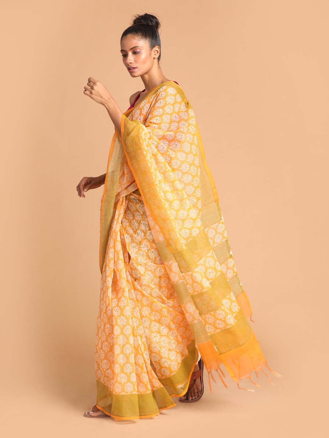 Indethnic Printed Super Net Saree in Yellow - View 2