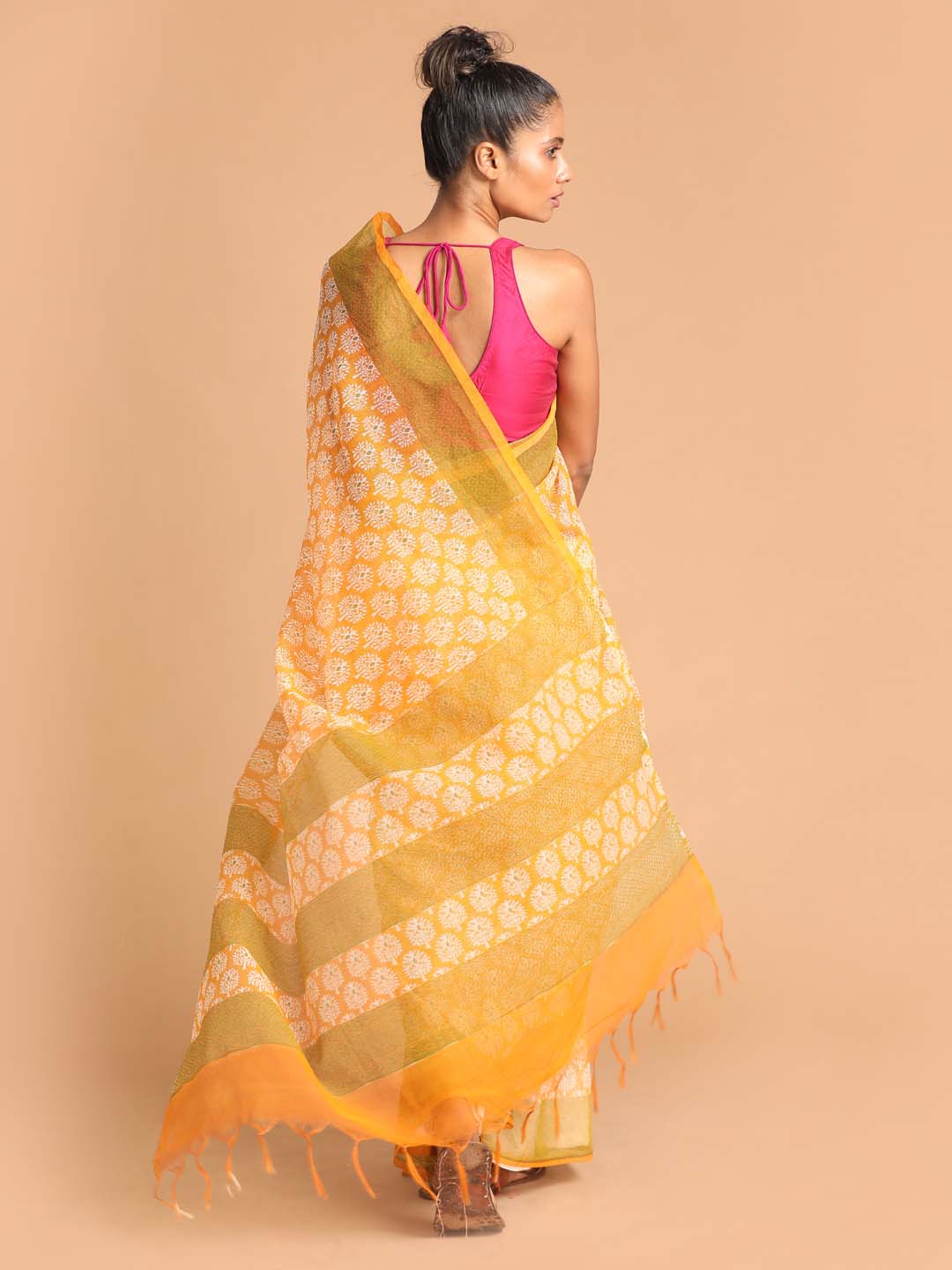 Indethnic Printed Super Net Saree in Yellow - View 3