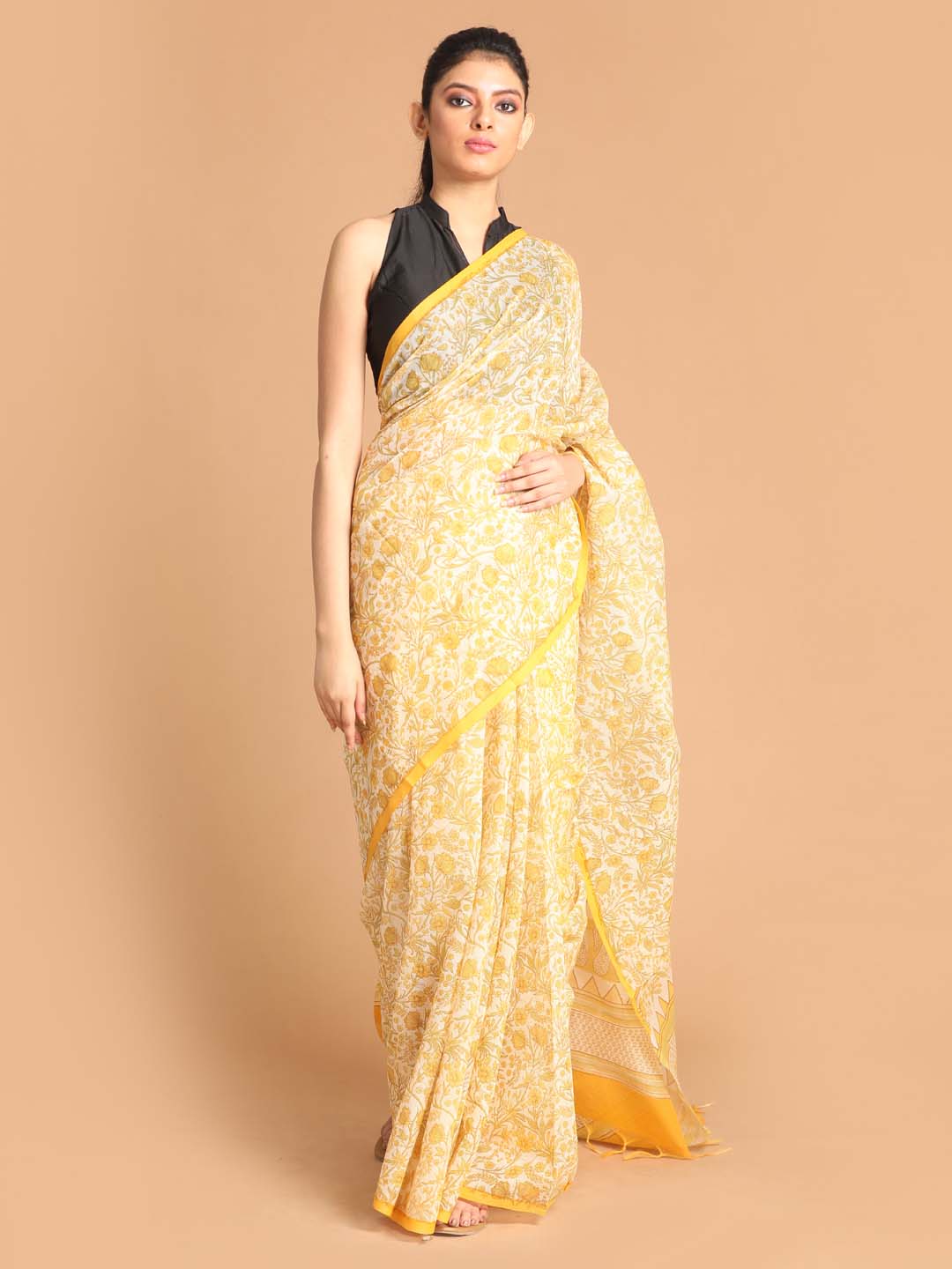 Indethnic Printed Super Net Saree in Yellow - View 1