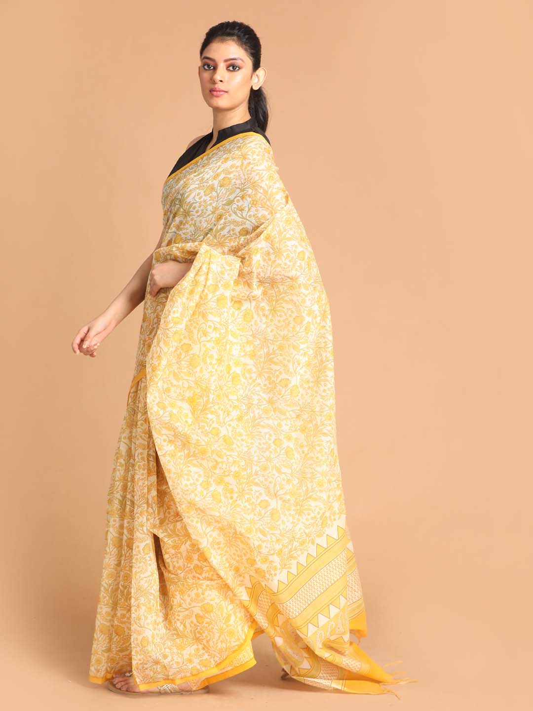 Indethnic Printed Super Net Saree in Yellow - View 2