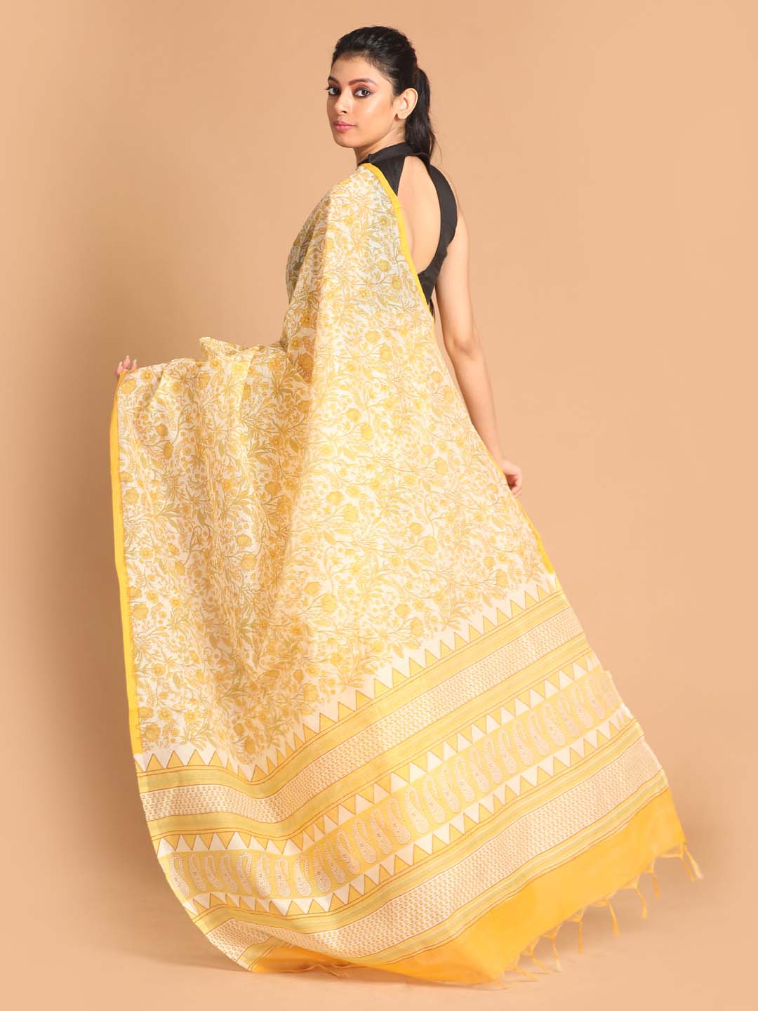 Indethnic Printed Super Net Saree in Yellow - View 3