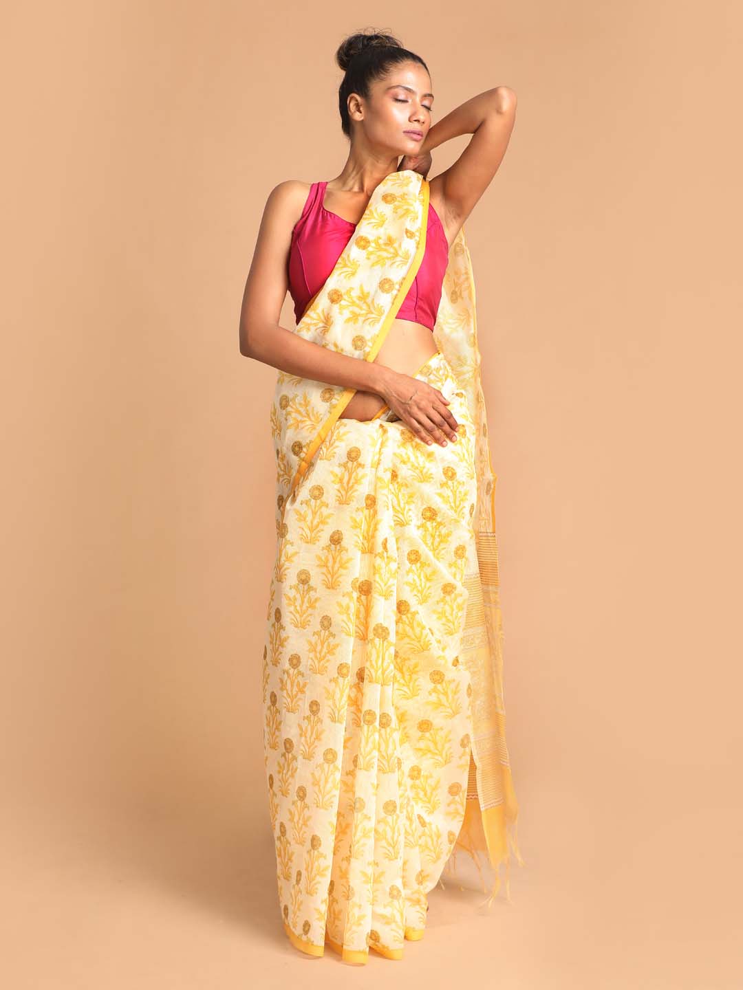 Indethnic Printed Super Net Saree in Yellow - View 1