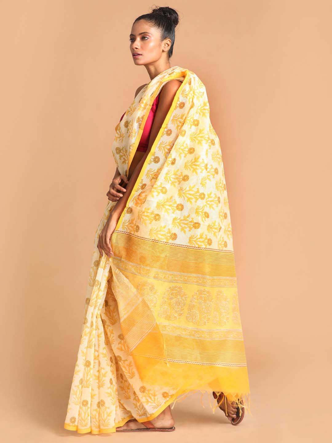 Indethnic Printed Super Net Saree in Yellow - View 3