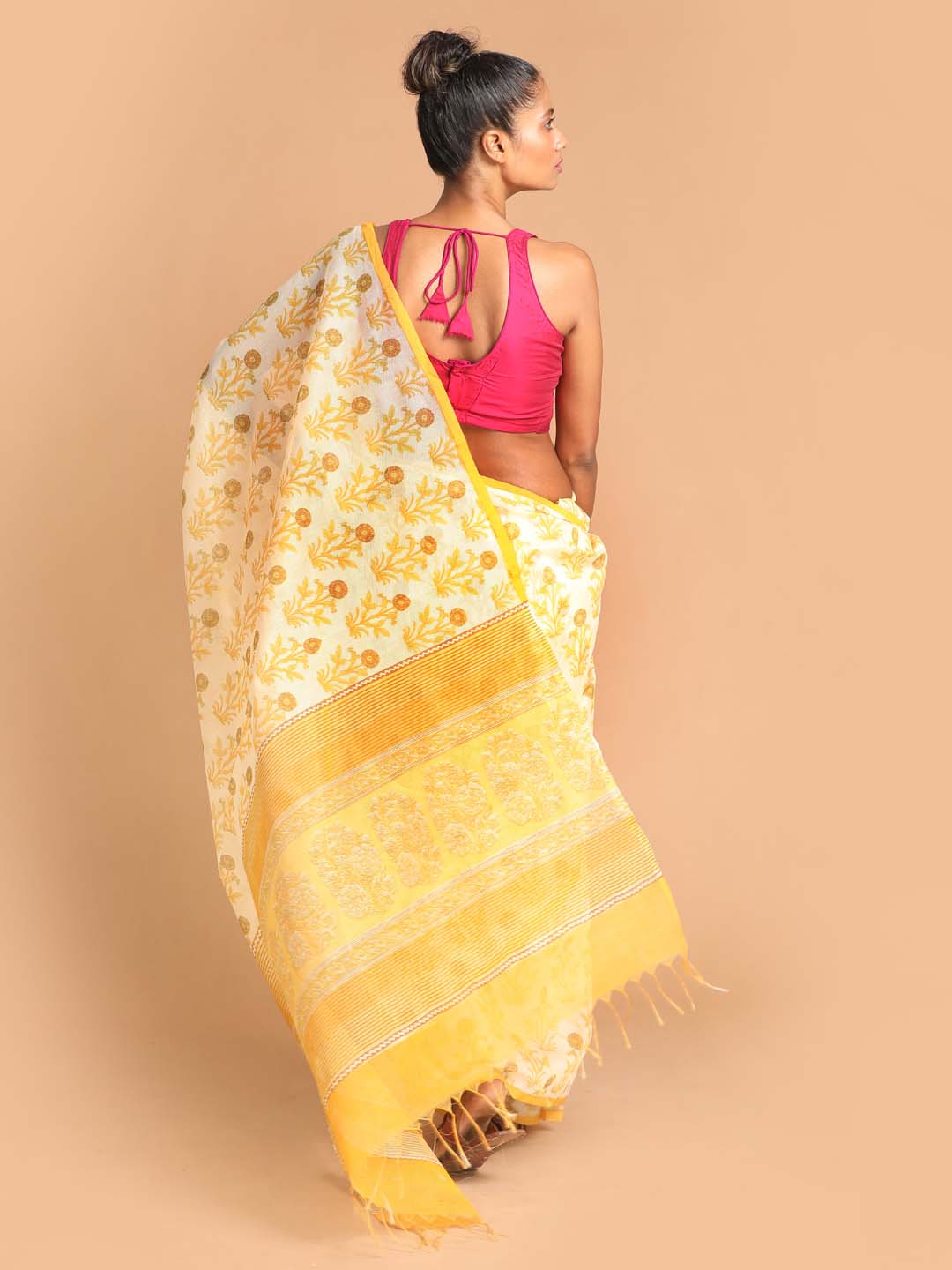 Indethnic Printed Super Net Saree in Yellow - View 2