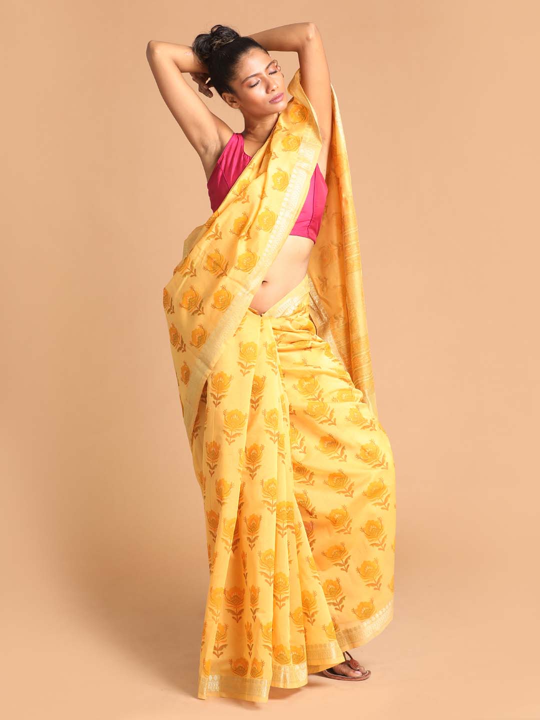 Indethnic Printed Cotton Blend Saree in Yellow - View 1
