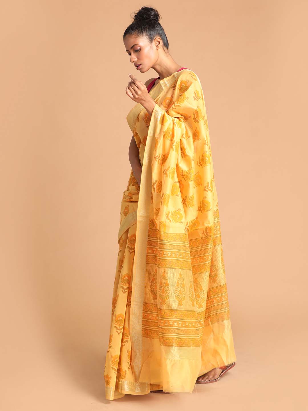 Indethnic Printed Cotton Blend Saree in Yellow - View 1
