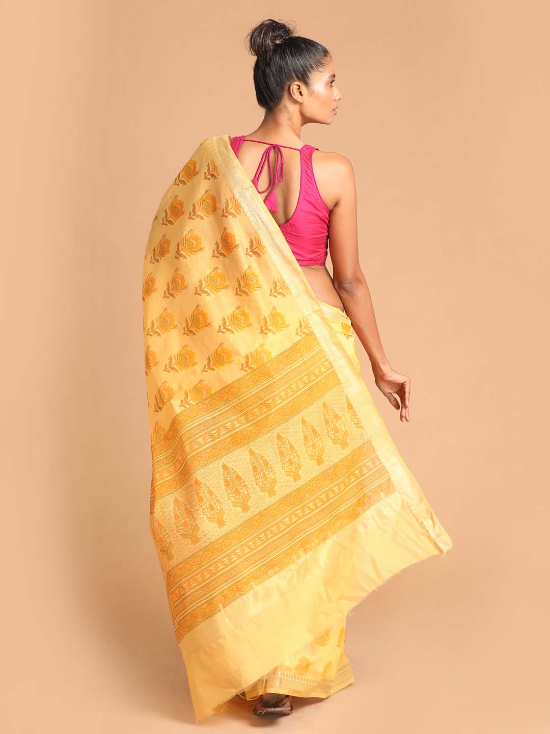 Indethnic Printed Cotton Blend Saree in Yellow - View 3