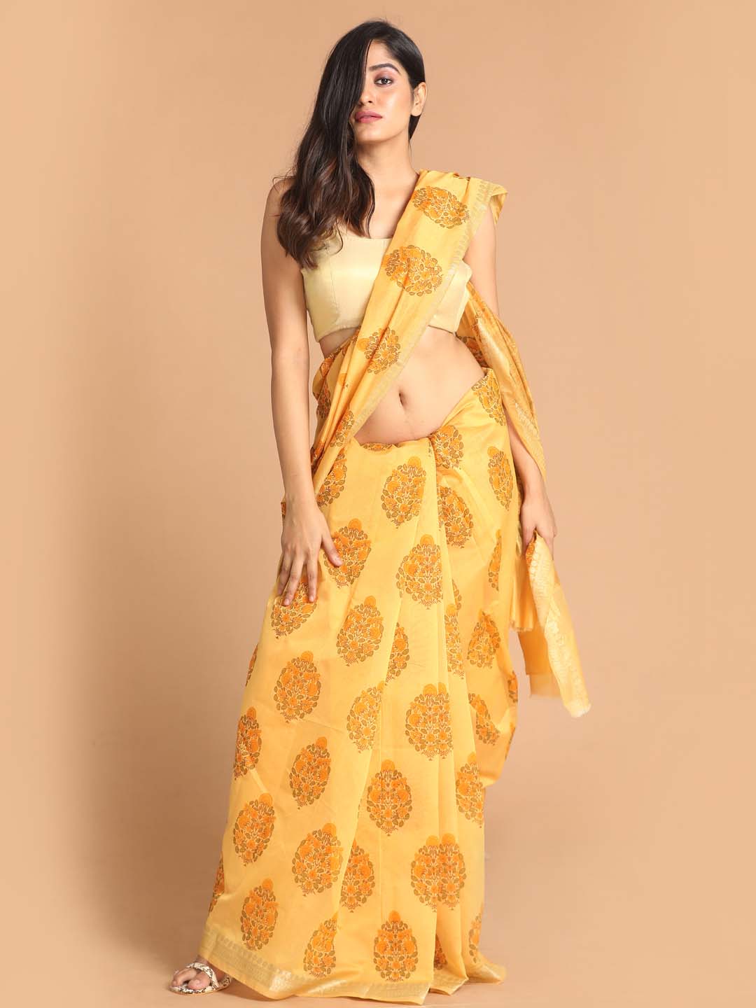 Indethnic Printed Cotton Blend Saree in Yellow - View 1