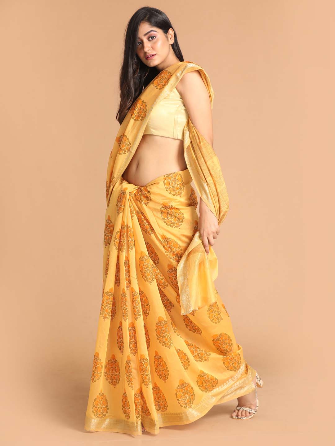 Indethnic Printed Cotton Blend Saree in Yellow - View 2