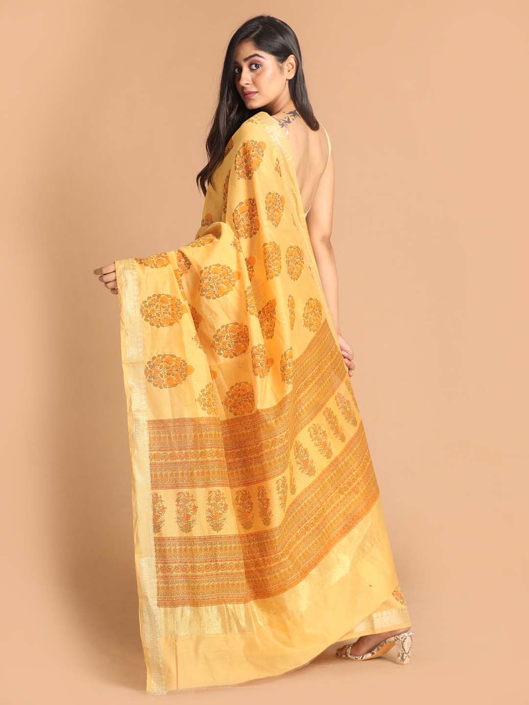 Indethnic Printed Cotton Blend Saree in Yellow - View 3