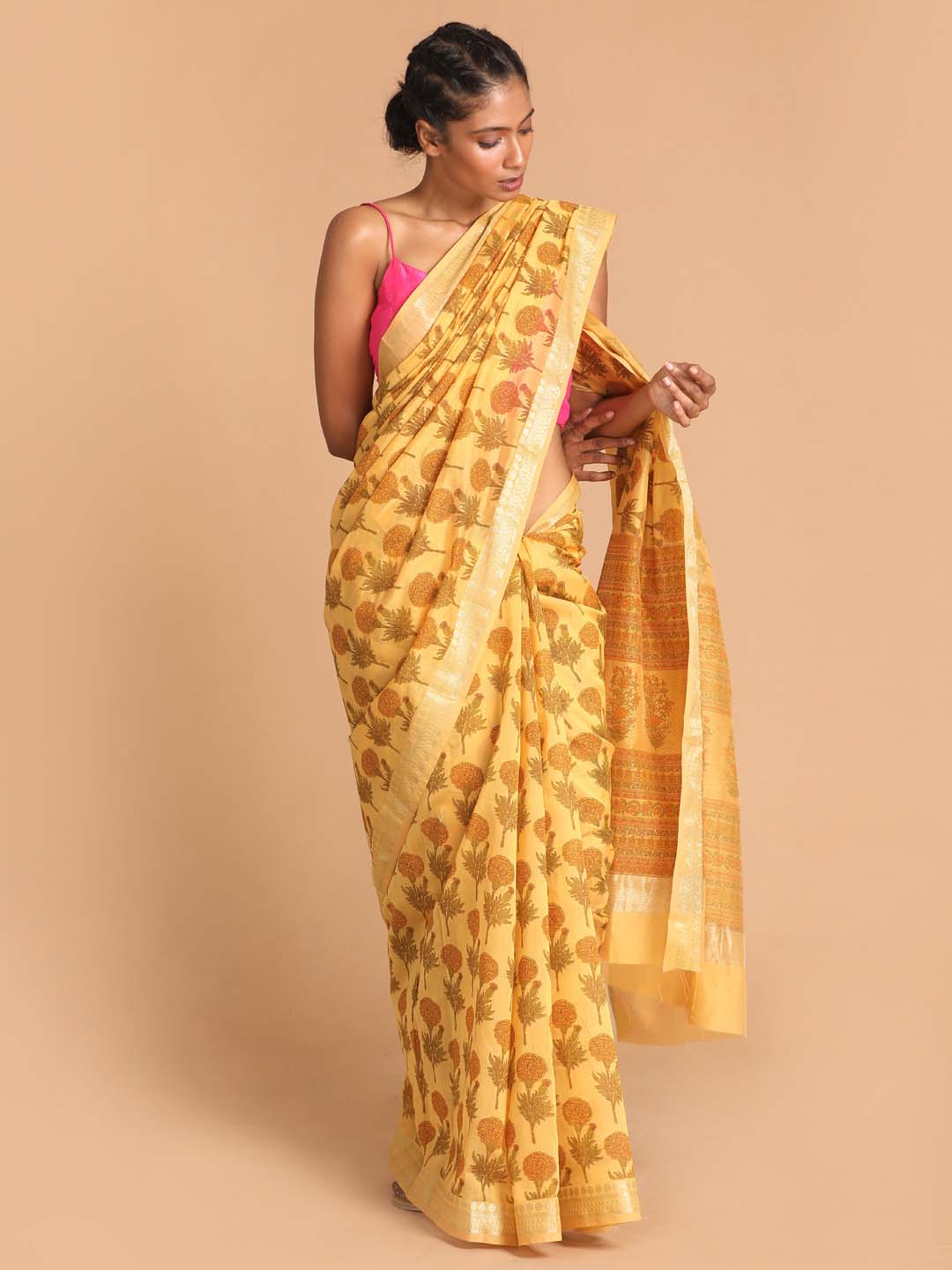 Indethnic Printed Cotton Blend Saree in Yellow - View 1