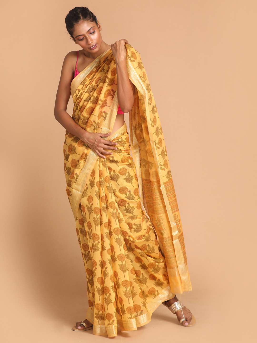 Indethnic Printed Cotton Blend Saree in Yellow - View 2